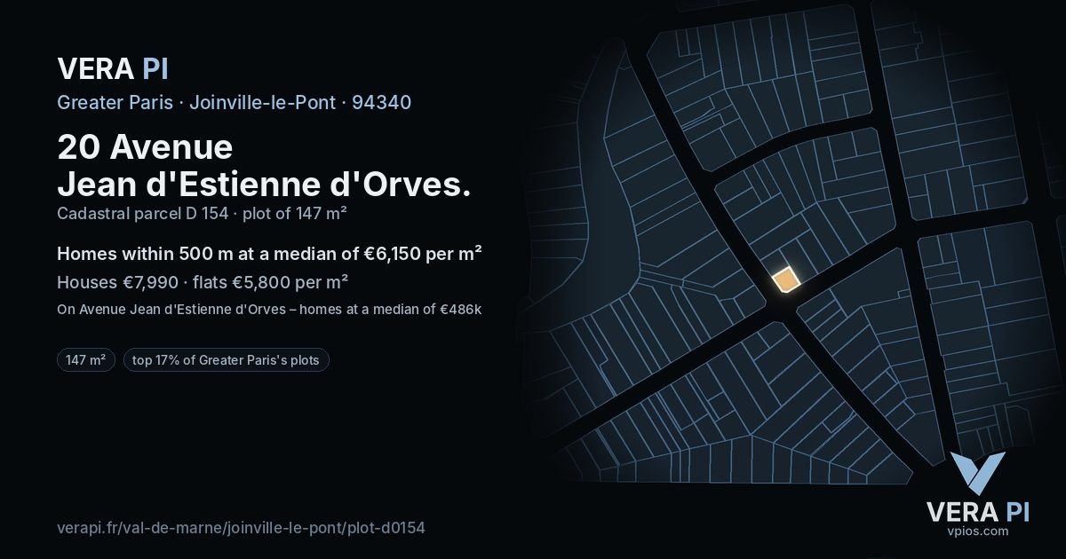 20 Avenue Jean d'Estienne d'Orves, Joinville-le-Pont at night – the plot lit, the parcels around coloured by the prices near them