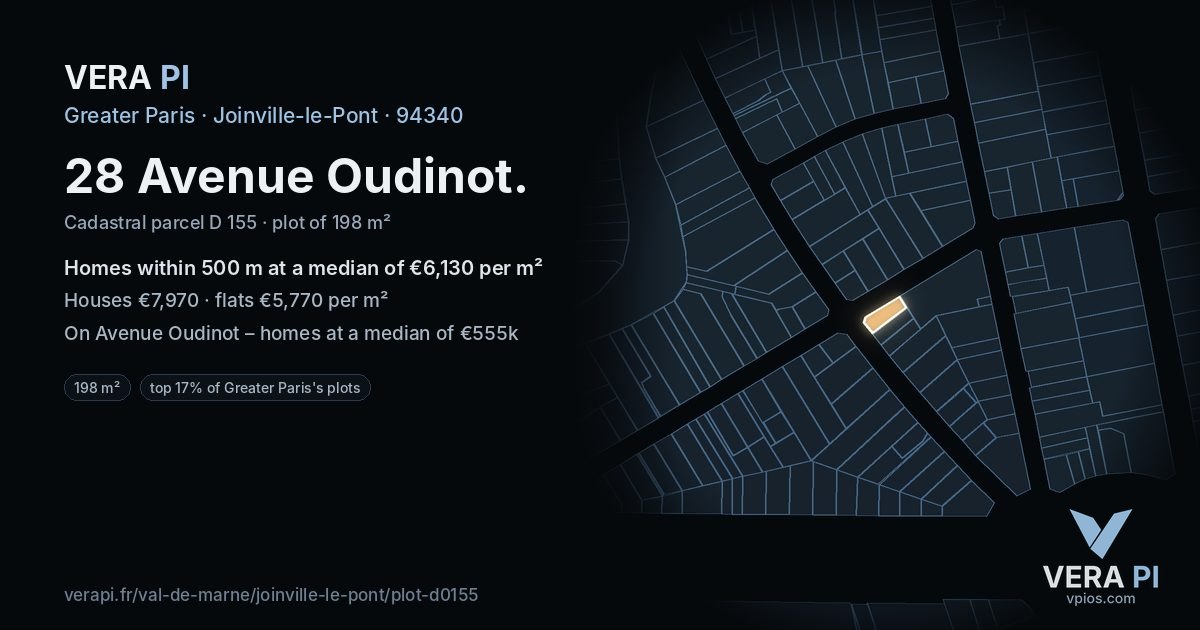28 Avenue Oudinot, Joinville-le-Pont at night – the plot lit, the parcels around coloured by the prices near them