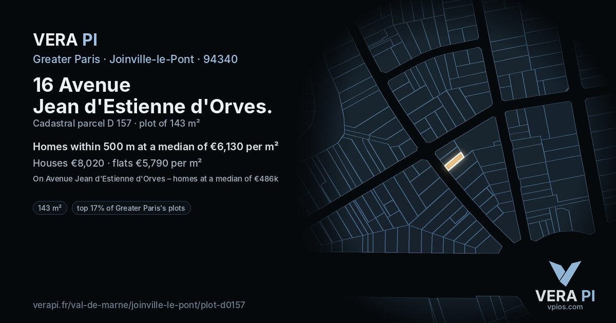 16 Avenue Jean d'Estienne d'Orves, Joinville-le-Pont at night – the plot lit, the parcels around coloured by the prices near them