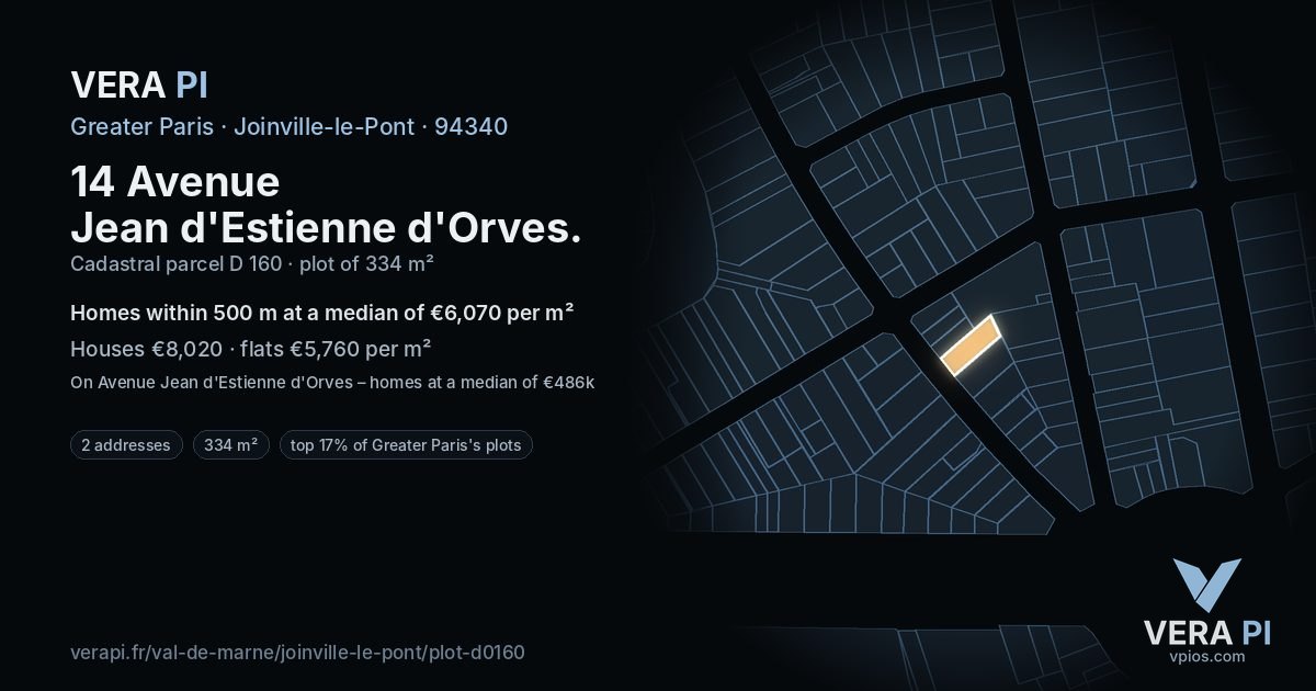 14 Avenue Jean d'Estienne d'Orves, Joinville-le-Pont at night – the plot lit, the parcels around coloured by the prices near them
