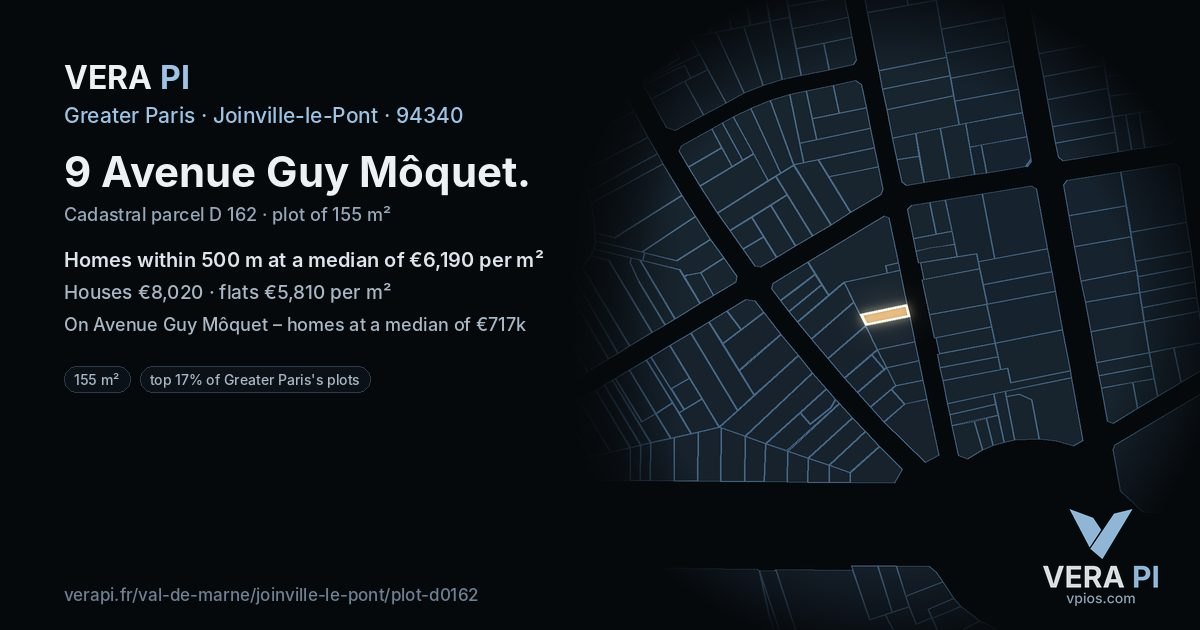 9 Avenue Guy Môquet, Joinville-le-Pont at night – the plot lit, the parcels around coloured by the prices near them