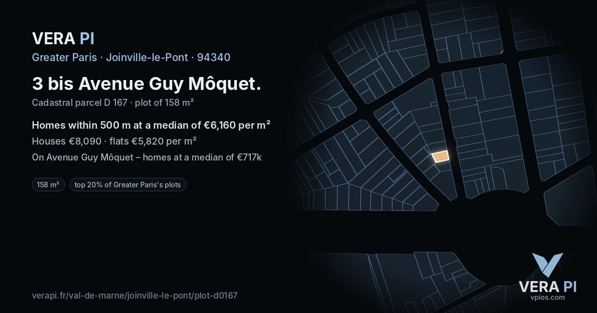 3 bis Avenue Guy Môquet, Joinville-le-Pont at night – the plot lit, the parcels around coloured by the prices near them