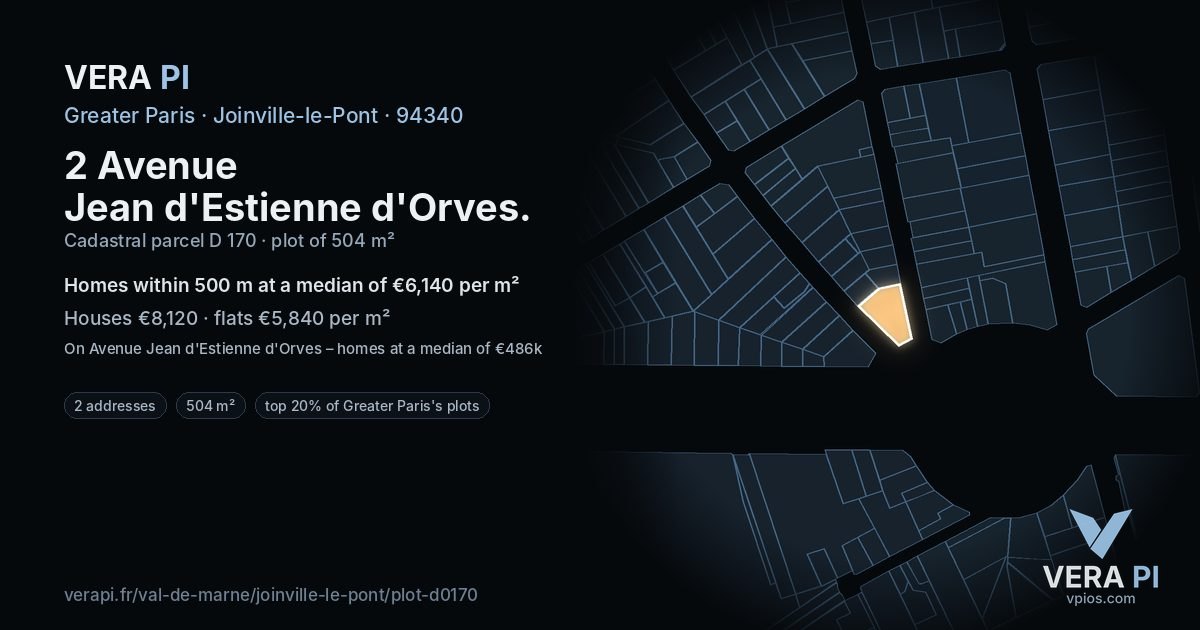 2 Avenue Jean d'Estienne d'Orves, Joinville-le-Pont at night – the plot lit, the parcels around coloured by the prices near them