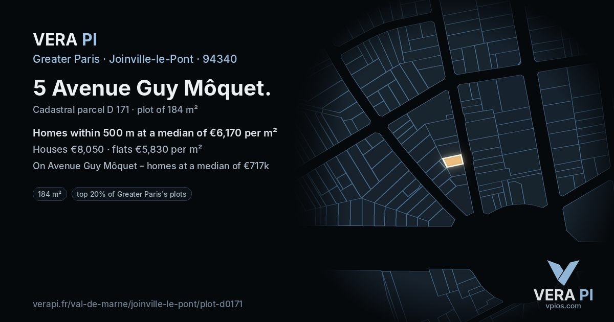 5 Avenue Guy Môquet, Joinville-le-Pont at night – the plot lit, the parcels around coloured by the prices near them