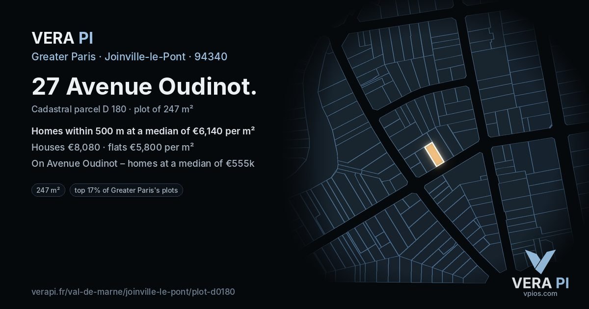 27 Avenue Oudinot, Joinville-le-Pont at night – the plot lit, the parcels around coloured by the prices near them