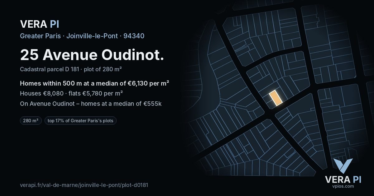 25 Avenue Oudinot, Joinville-le-Pont at night – the plot lit, the parcels around coloured by the prices near them