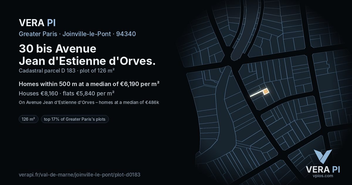30 bis Avenue Jean d'Estienne d'Orves, Joinville-le-Pont at night – the plot lit, the parcels around coloured by the prices near them