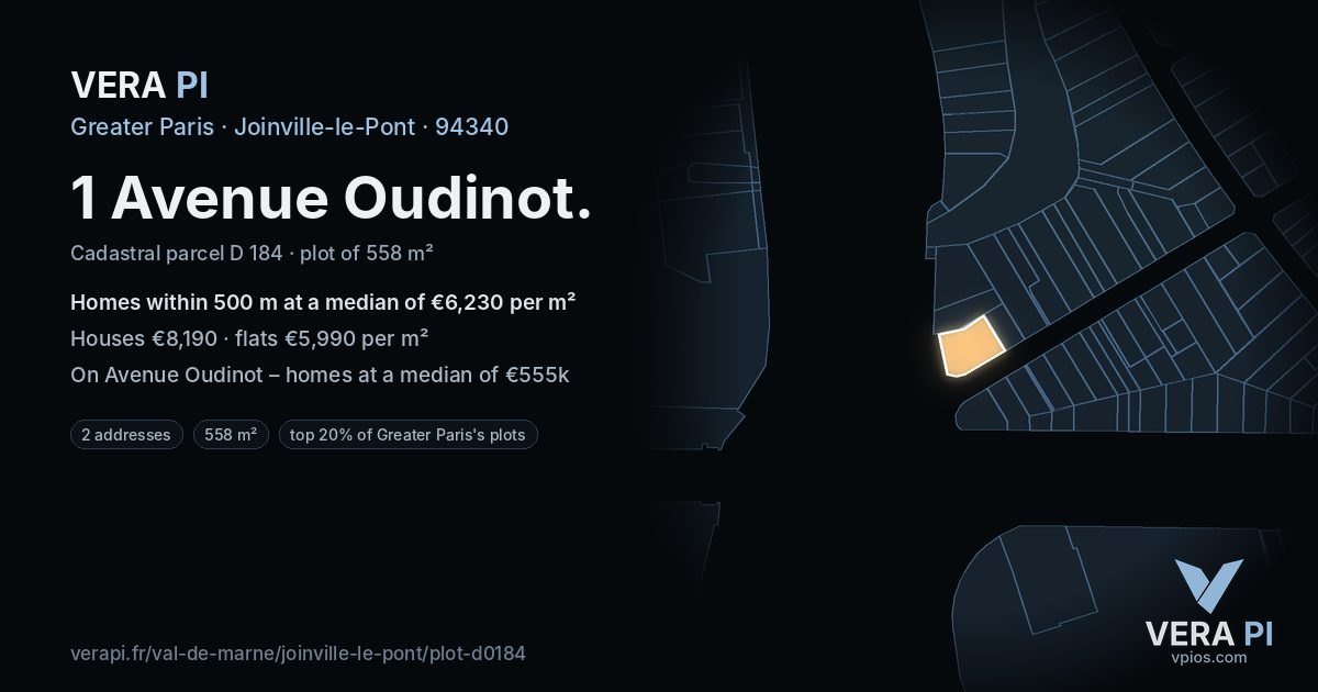 1 Avenue Oudinot, Joinville-le-Pont at night – the plot lit, the parcels around coloured by the prices near them
