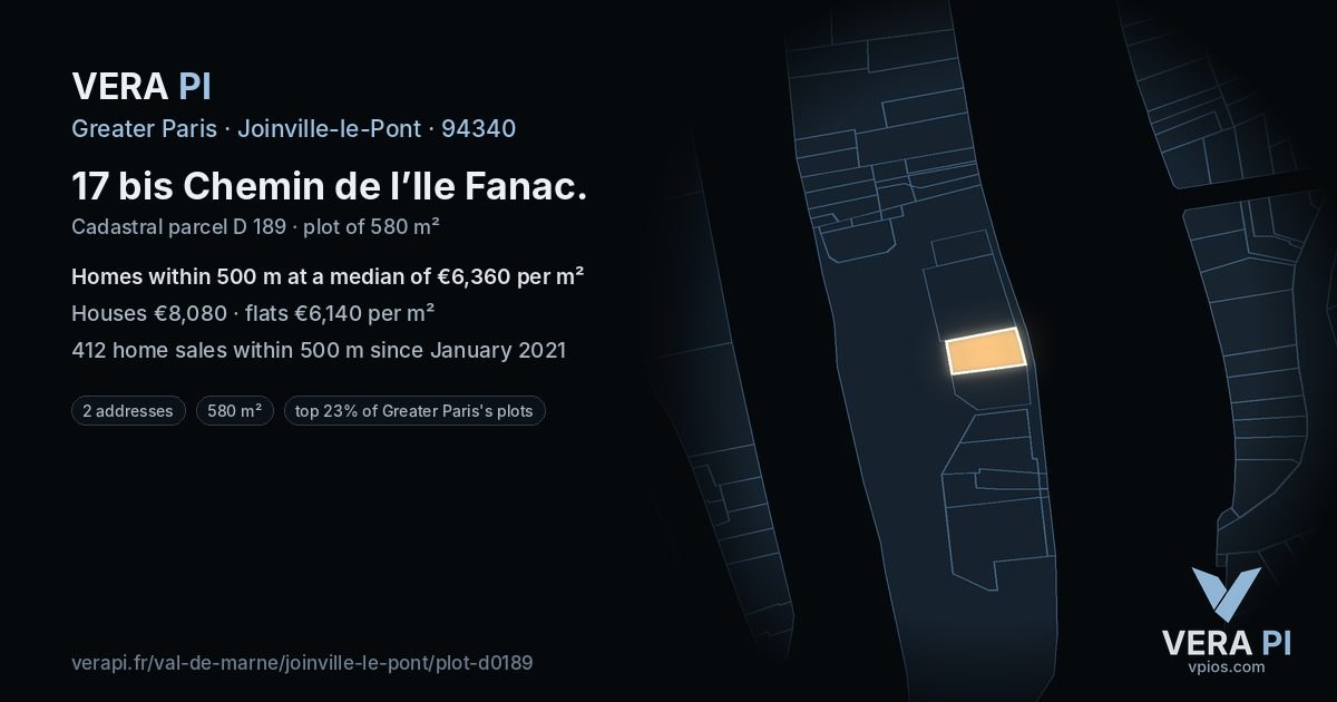17 bis Chemin de l’Ile Fanac, Joinville-le-Pont at night – the plot lit, the parcels around coloured by the prices near them