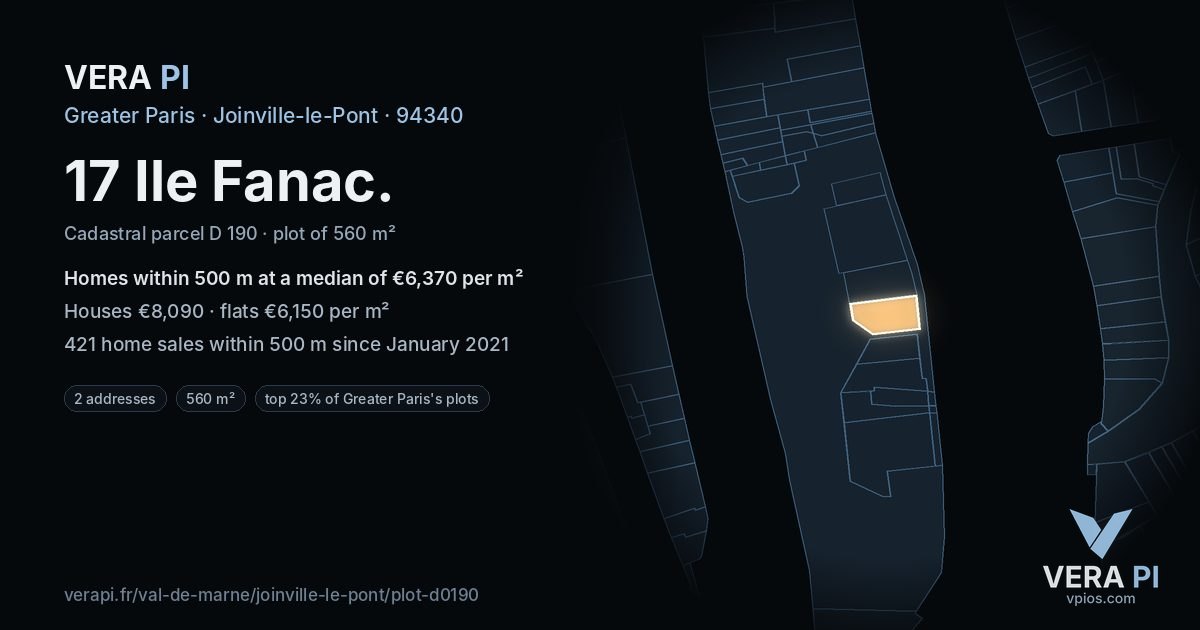 17 Ile Fanac, Joinville-le-Pont at night – the plot lit, the parcels around coloured by the prices near them