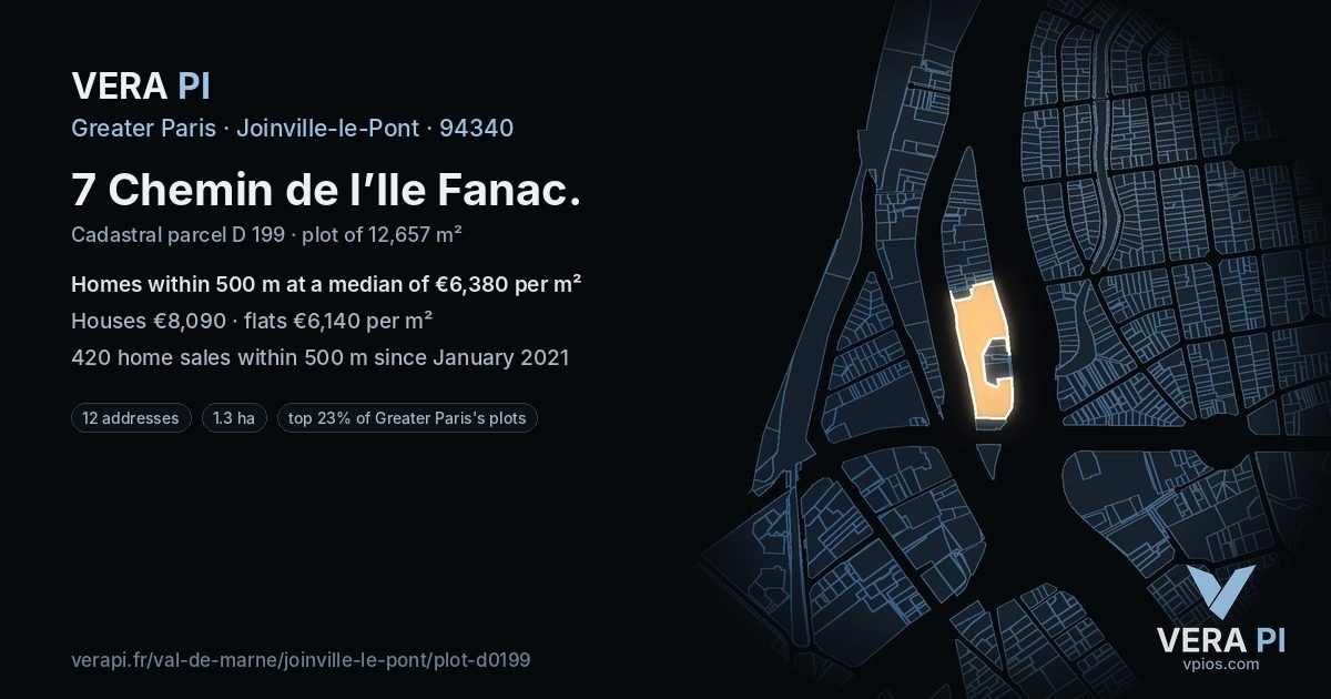7 Chemin de l’Ile Fanac, Joinville-le-Pont at night – the plot lit, the parcels around coloured by the prices near them