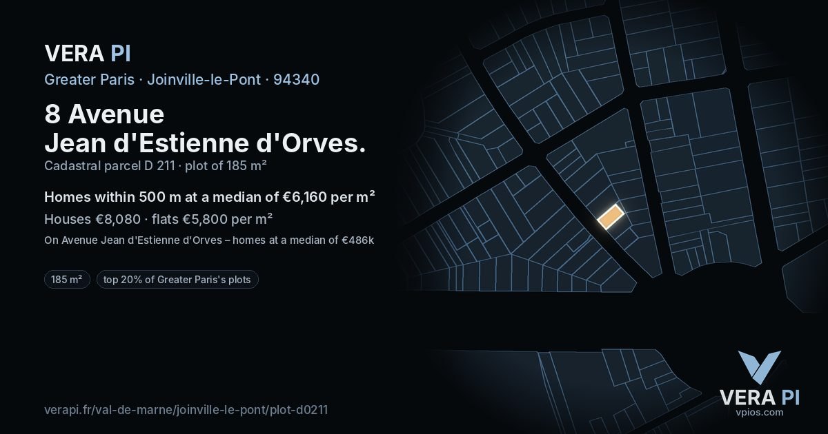8 Avenue Jean d'Estienne d'Orves, Joinville-le-Pont at night – the plot lit, the parcels around coloured by the prices near them