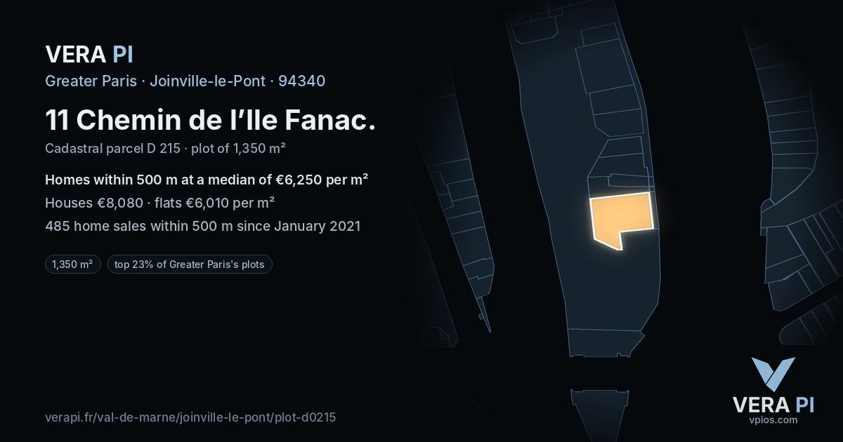 11 Chemin de l’Ile Fanac, Joinville-le-Pont at night – the plot lit, the parcels around coloured by the prices near them