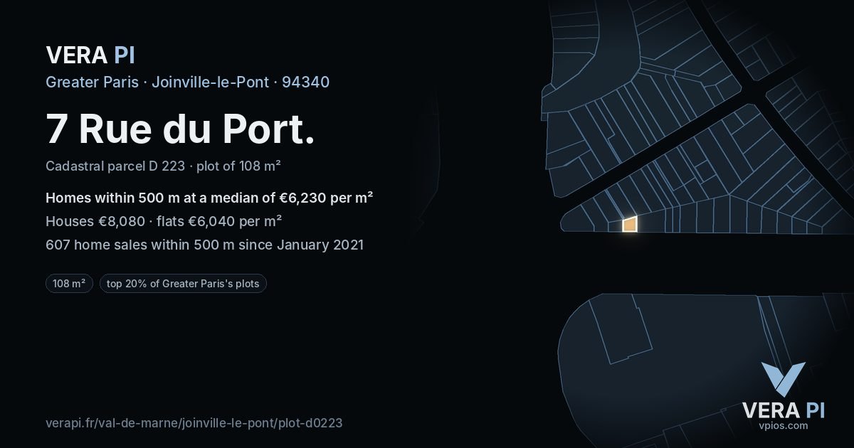 7 Rue du Port, Joinville-le-Pont at night – the plot lit, the parcels around coloured by the prices near them