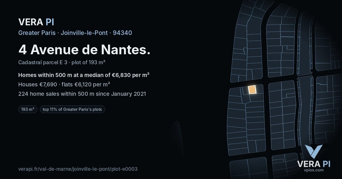 4 Avenue de Nantes, Joinville-le-Pont at night – the plot lit, the parcels around coloured by the prices near them