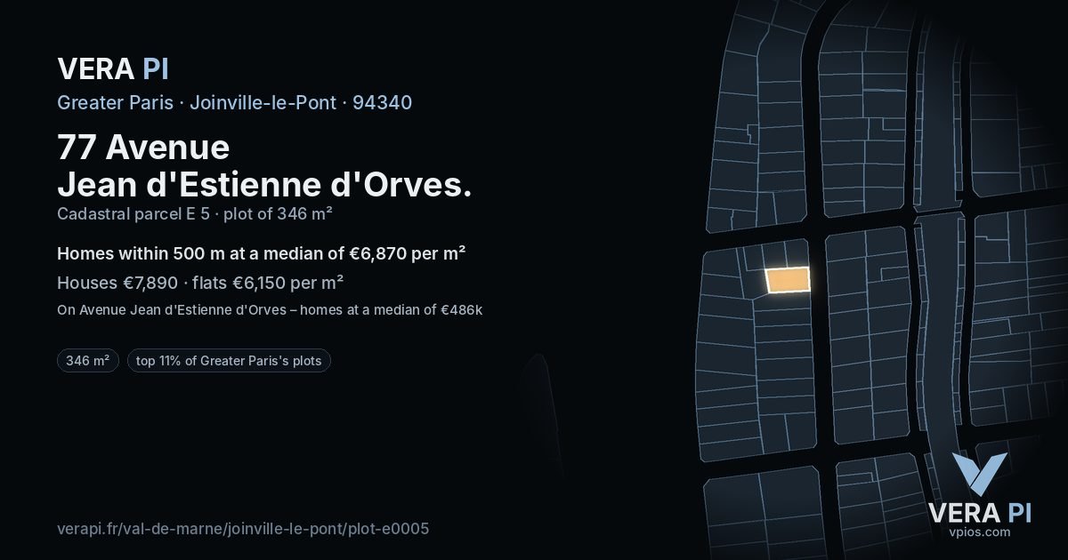 77 Avenue Jean d'Estienne d'Orves, Joinville-le-Pont at night – the plot lit, the parcels around coloured by the prices near them