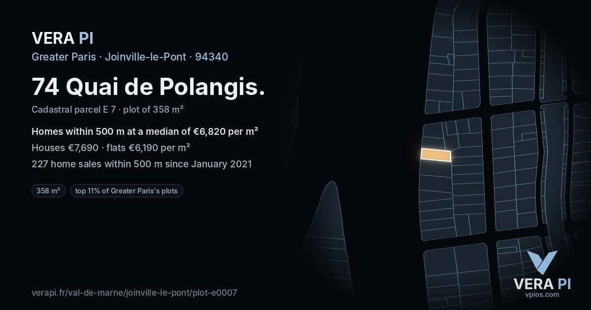 74 Quai de Polangis, Joinville-le-Pont at night – the plot lit, the parcels around coloured by the prices near them