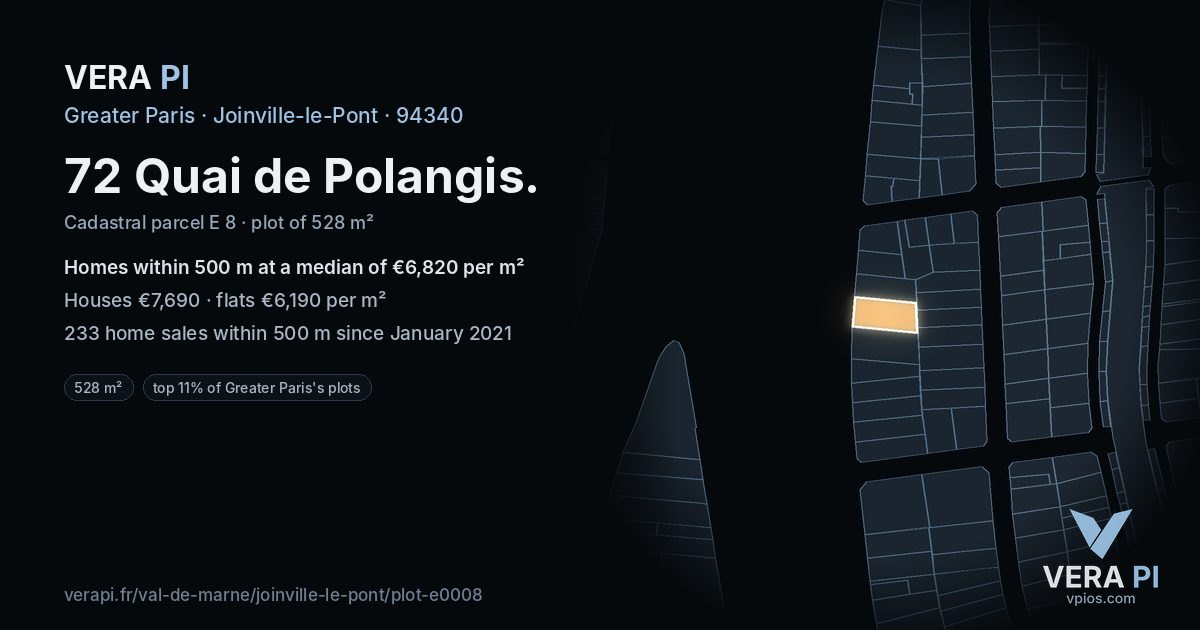 72 Quai de Polangis, Joinville-le-Pont at night – the plot lit, the parcels around coloured by the prices near them