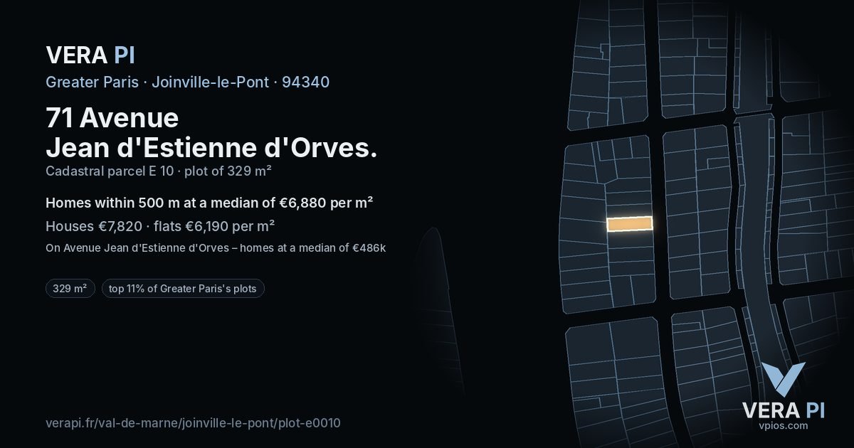 71 Avenue Jean d'Estienne d'Orves, Joinville-le-Pont at night – the plot lit, the parcels around coloured by the prices near them