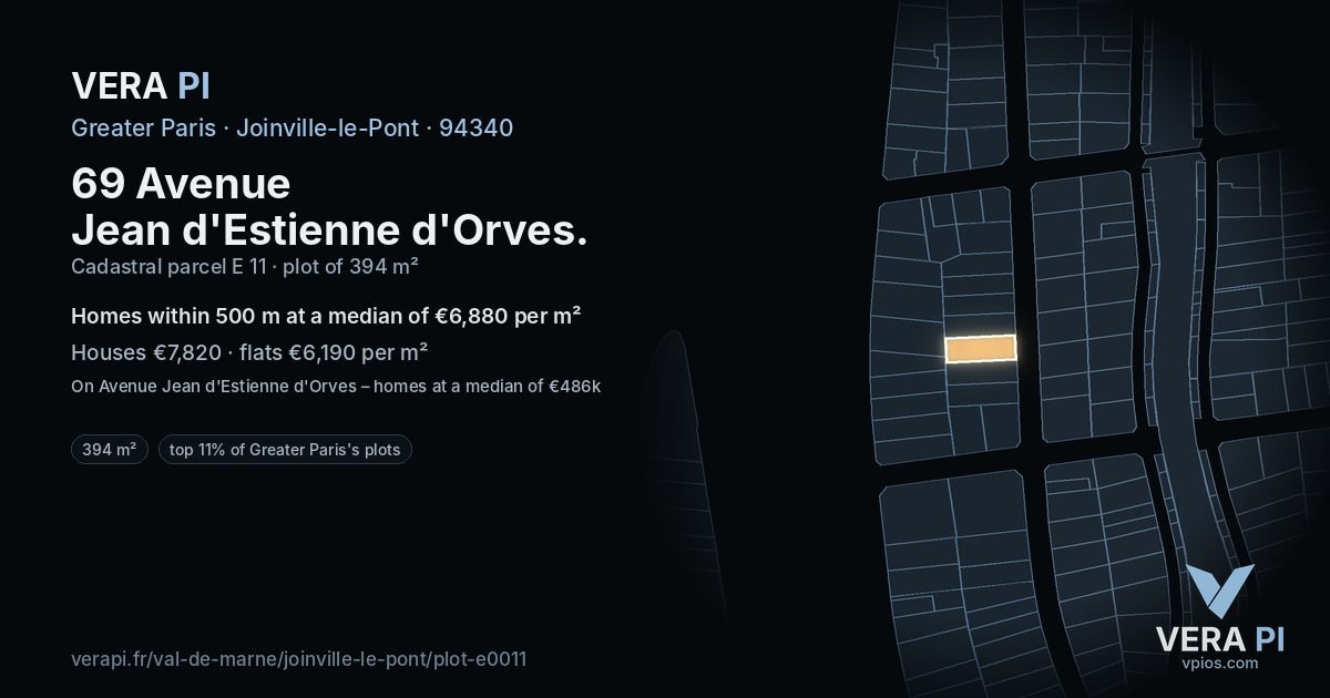 69 Avenue Jean d'Estienne d'Orves, Joinville-le-Pont at night – the plot lit, the parcels around coloured by the prices near them