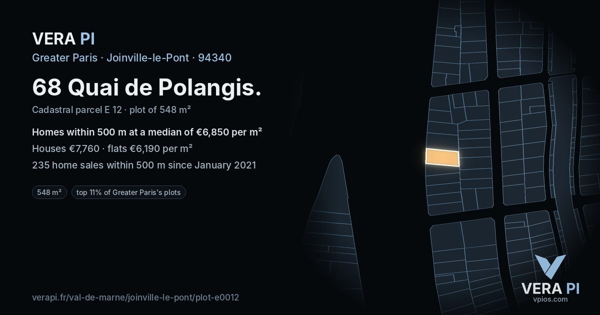 68 Quai de Polangis, Joinville-le-Pont at night – the plot lit, the parcels around coloured by the prices near them