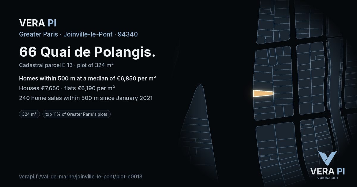 66 Quai de Polangis, Joinville-le-Pont at night – the plot lit, the parcels around coloured by the prices near them