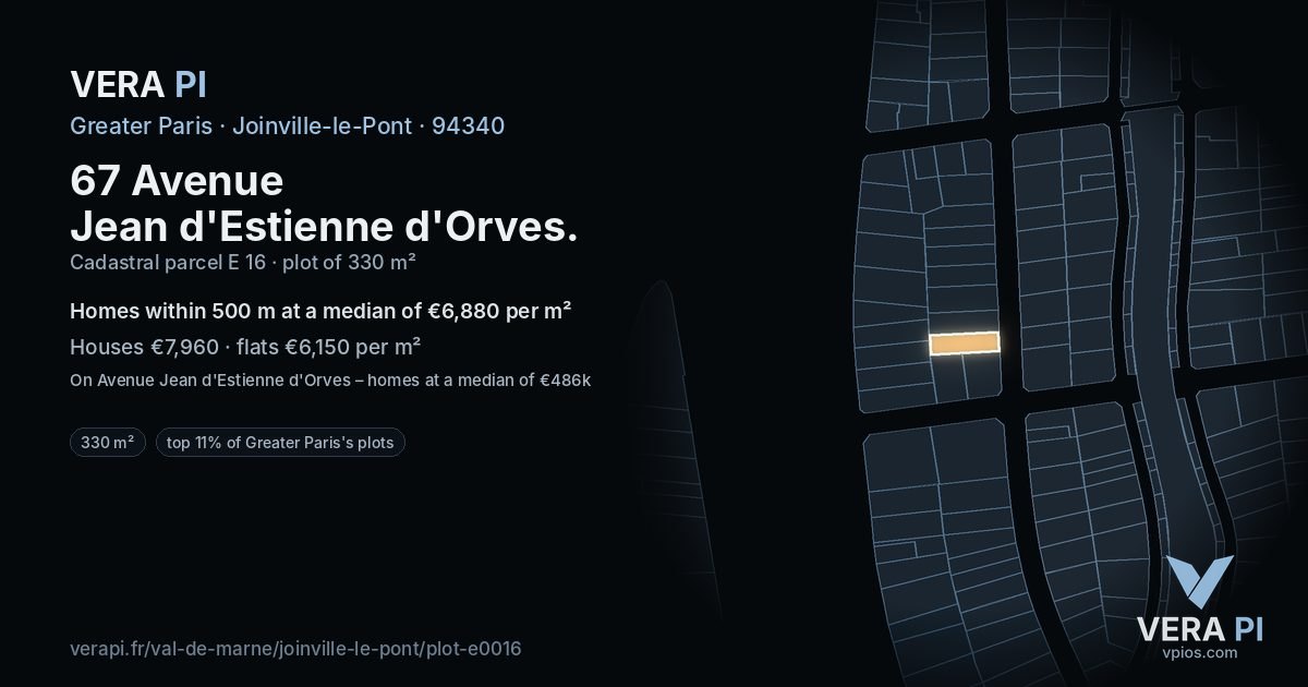 67 Avenue Jean d'Estienne d'Orves, Joinville-le-Pont at night – the plot lit, the parcels around coloured by the prices near them