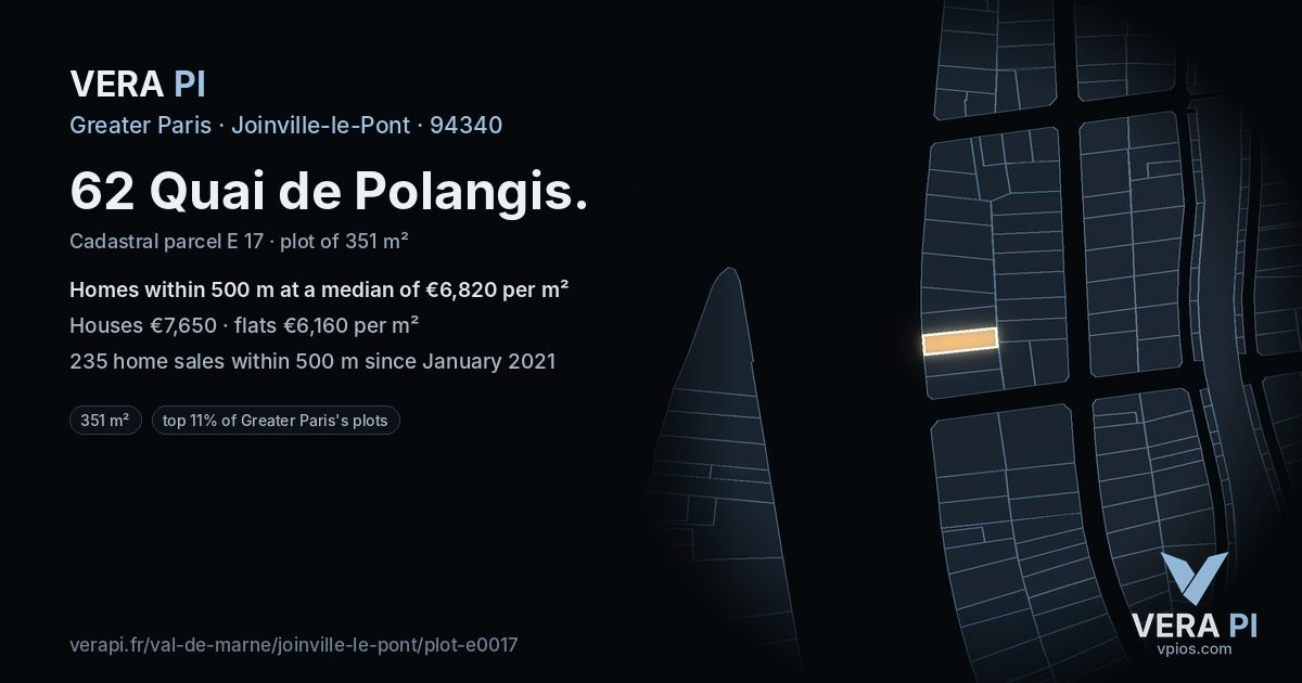 62 Quai de Polangis, Joinville-le-Pont at night – the plot lit, the parcels around coloured by the prices near them