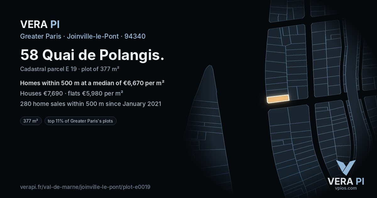 58 Quai de Polangis, Joinville-le-Pont at night – the plot lit, the parcels around coloured by the prices near them