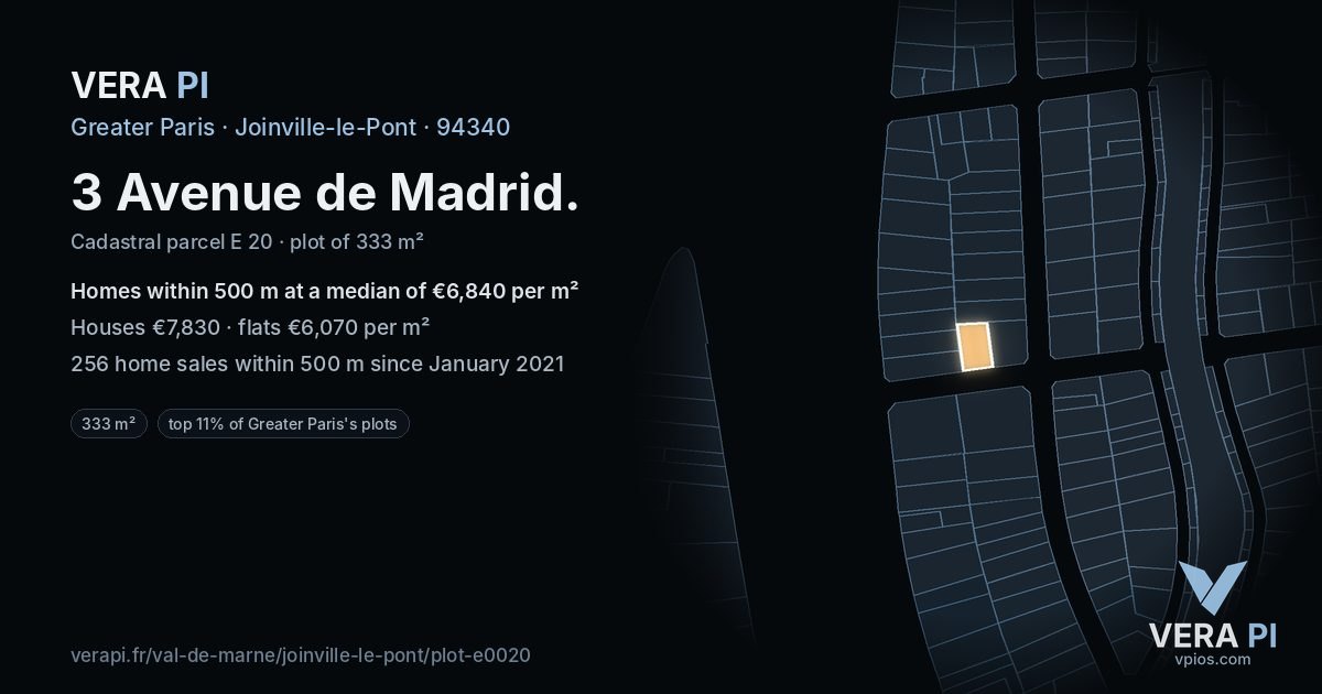 3 Avenue de Madrid, Joinville-le-Pont at night – the plot lit, the parcels around coloured by the prices near them