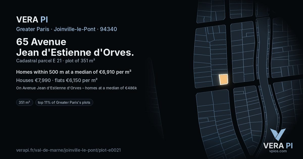 65 Avenue Jean d'Estienne d'Orves, Joinville-le-Pont at night – the plot lit, the parcels around coloured by the prices near them