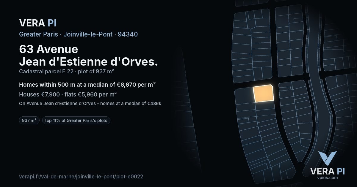 63 Avenue Jean d'Estienne d'Orves, Joinville-le-Pont at night – the plot lit, the parcels around coloured by the prices near them