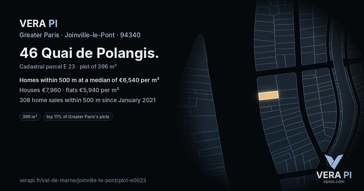 46 Quai de Polangis, Joinville-le-Pont at night – the plot lit, the parcels around coloured by the prices near them
