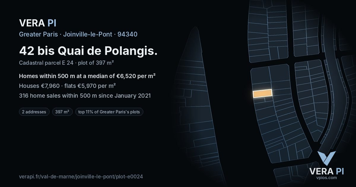 42 bis Quai de Polangis, Joinville-le-Pont at night – the plot lit, the parcels around coloured by the prices near them
