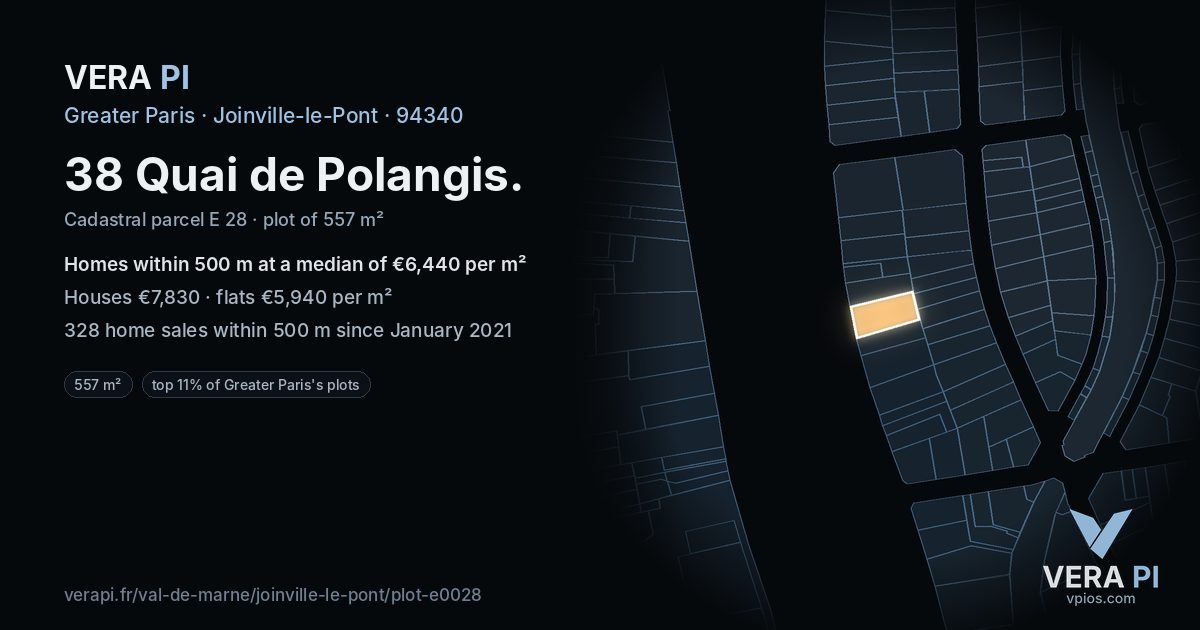 38 Quai de Polangis, Joinville-le-Pont at night – the plot lit, the parcels around coloured by the prices near them