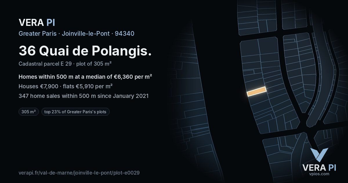 36 Quai de Polangis, Joinville-le-Pont at night – the plot lit, the parcels around coloured by the prices near them