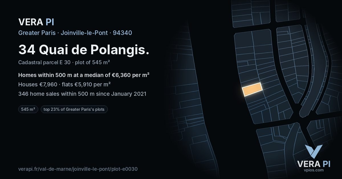 34 Quai de Polangis, Joinville-le-Pont at night – the plot lit, the parcels around coloured by the prices near them