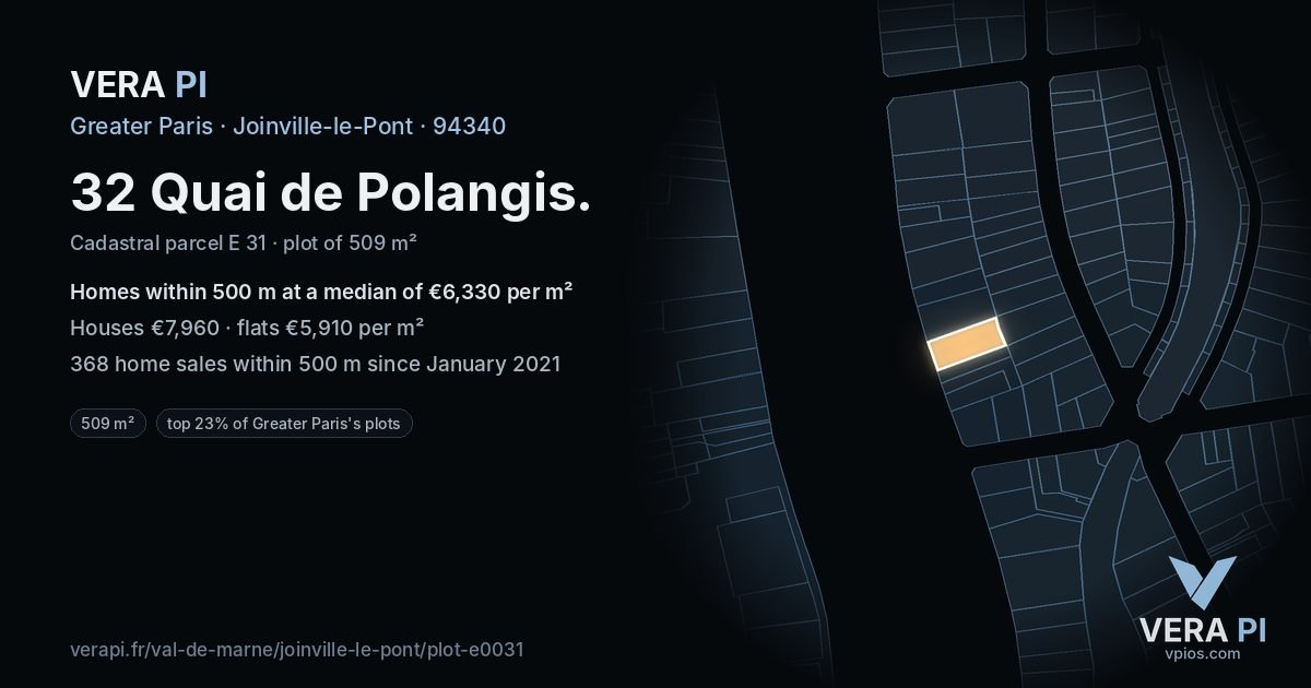 32 Quai de Polangis, Joinville-le-Pont at night – the plot lit, the parcels around coloured by the prices near them