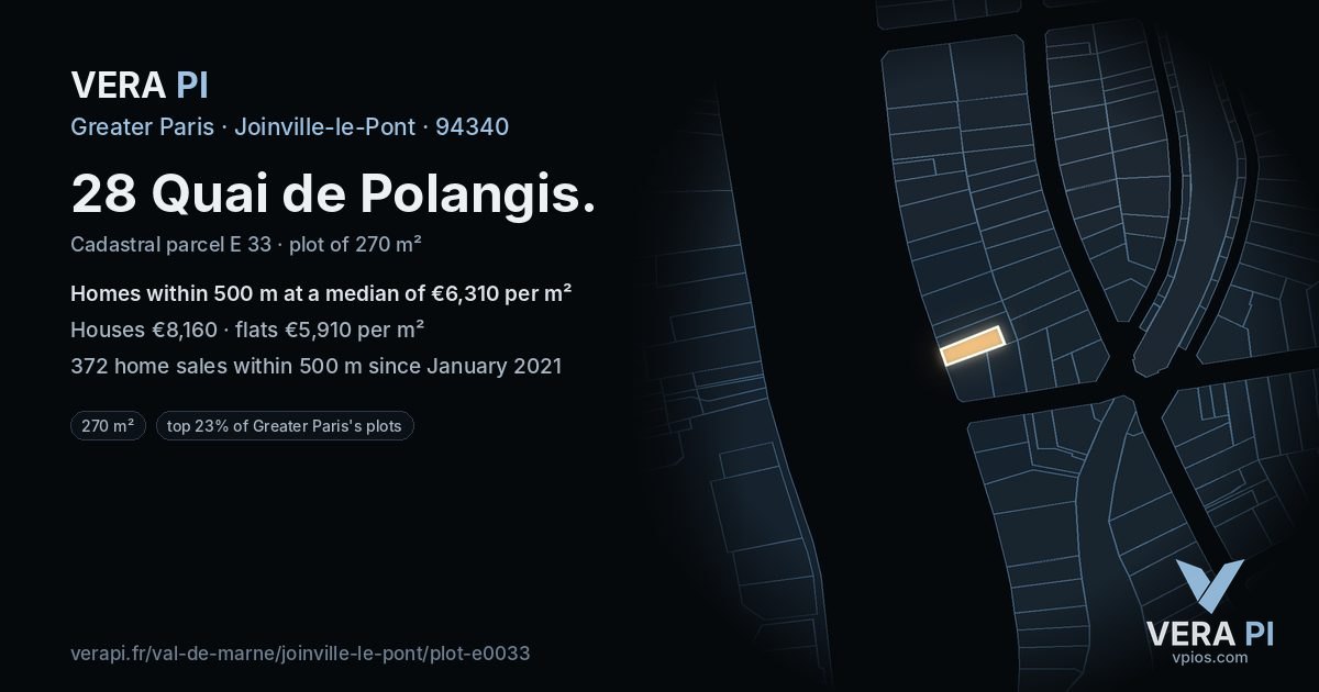 28 Quai de Polangis, Joinville-le-Pont at night – the plot lit, the parcels around coloured by the prices near them