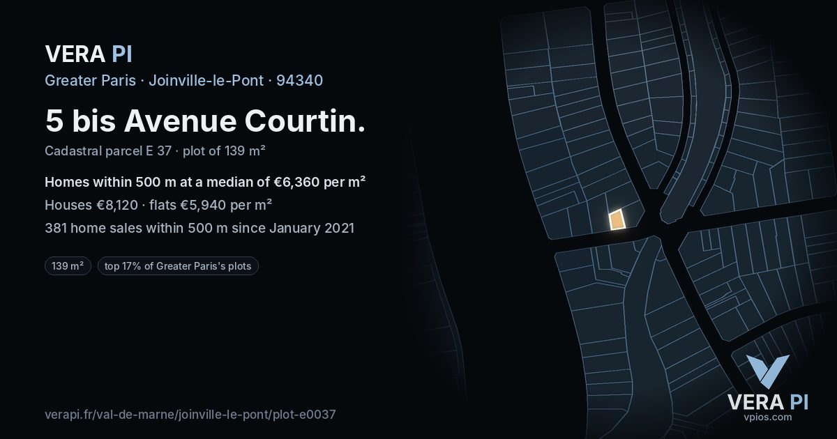 5 bis Avenue Courtin, Joinville-le-Pont at night – the plot lit, the parcels around coloured by the prices near them