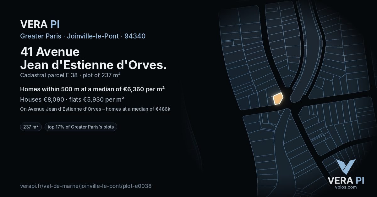 41 Avenue Jean d'Estienne d'Orves, Joinville-le-Pont at night – the plot lit, the parcels around coloured by the prices near them