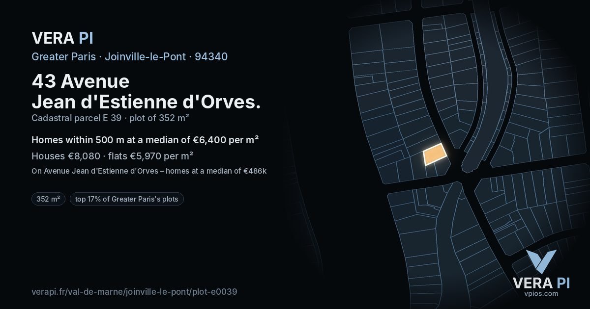 43 Avenue Jean d'Estienne d'Orves, Joinville-le-Pont at night – the plot lit, the parcels around coloured by the prices near them