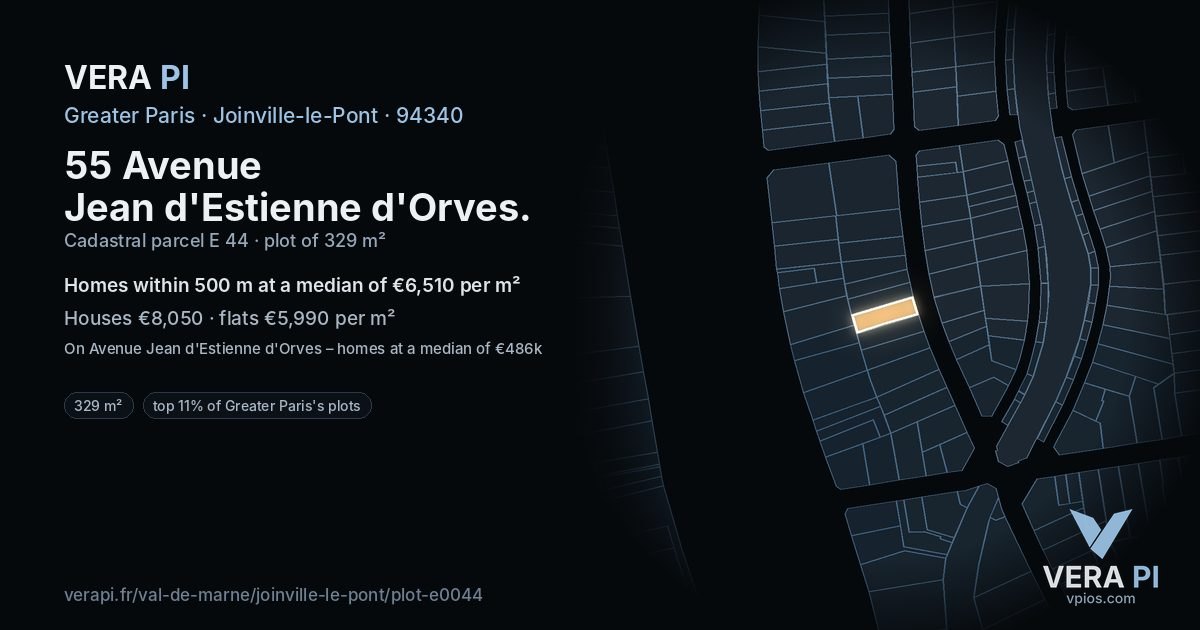 55 Avenue Jean d'Estienne d'Orves, Joinville-le-Pont at night – the plot lit, the parcels around coloured by the prices near them