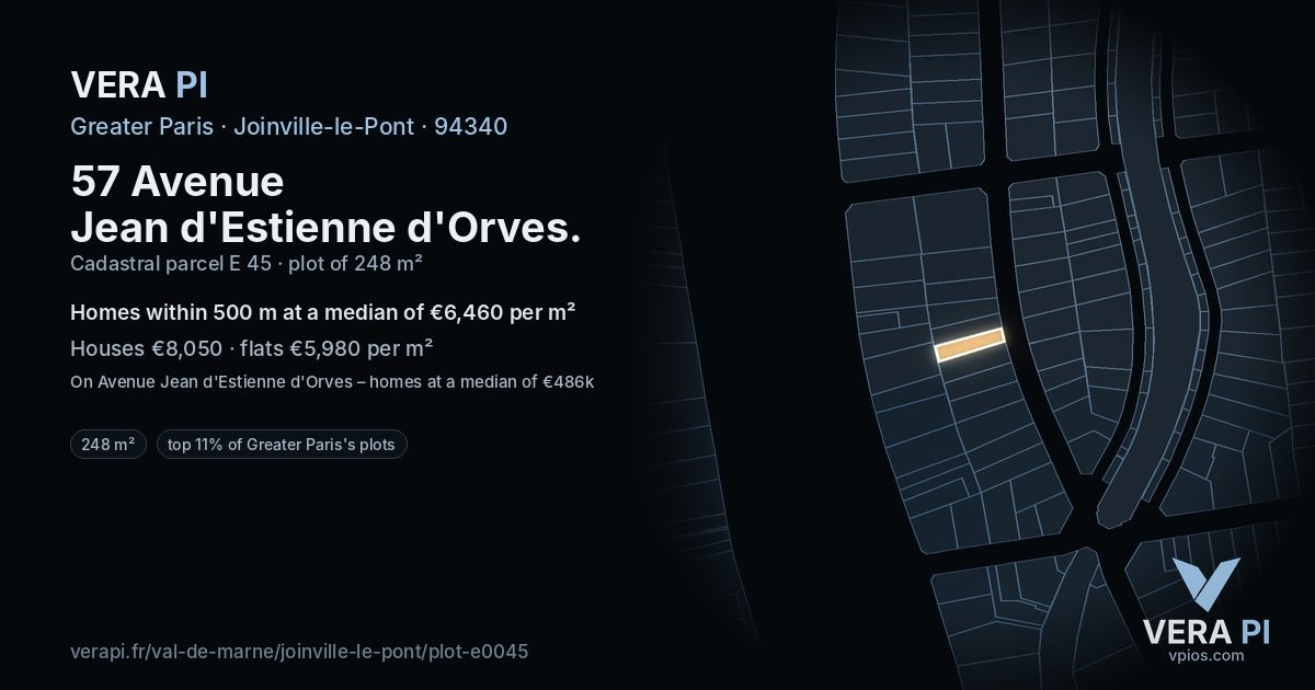 57 Avenue Jean d'Estienne d'Orves, Joinville-le-Pont at night – the plot lit, the parcels around coloured by the prices near them