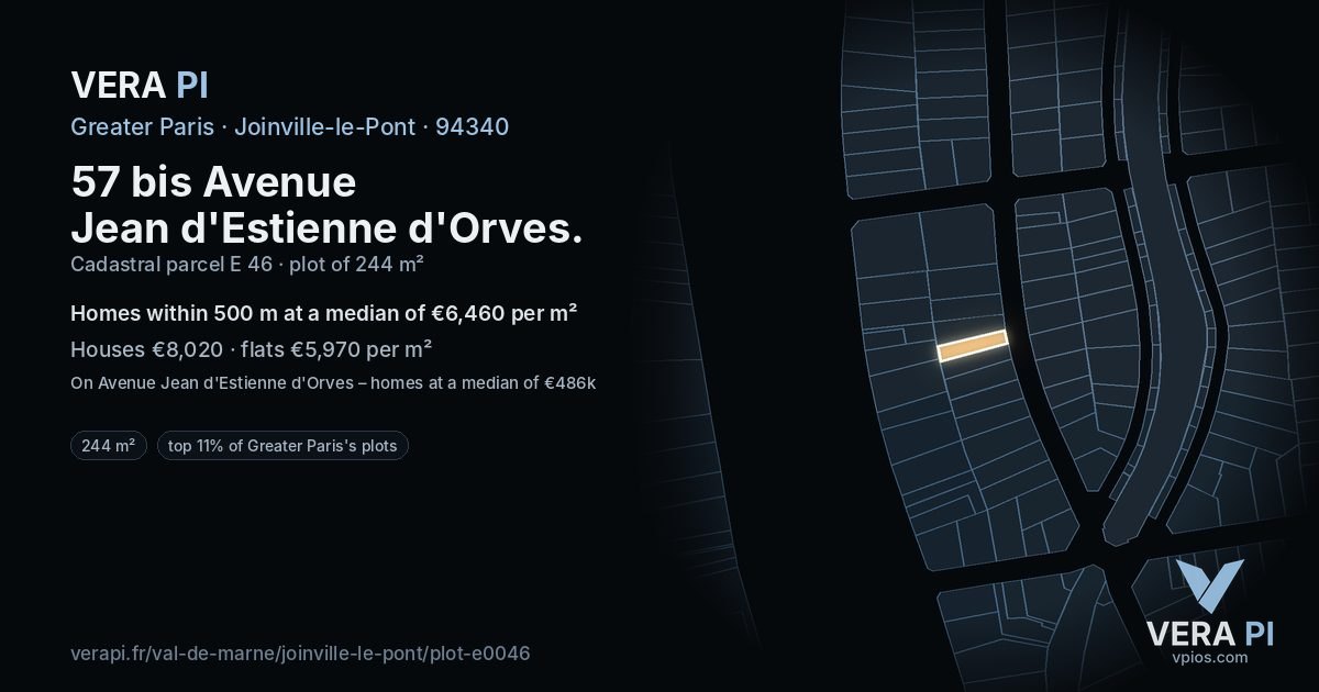 57 bis Avenue Jean d'Estienne d'Orves, Joinville-le-Pont at night – the plot lit, the parcels around coloured by the prices near them