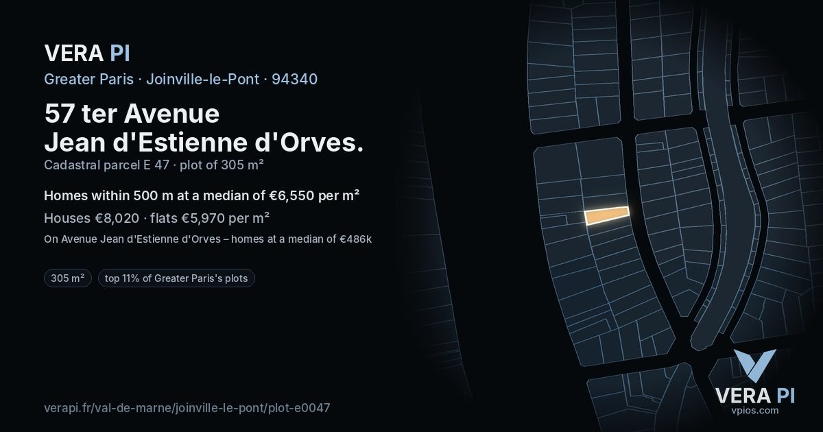 57 ter Avenue Jean d'Estienne d'Orves, Joinville-le-Pont at night – the plot lit, the parcels around coloured by the prices near them