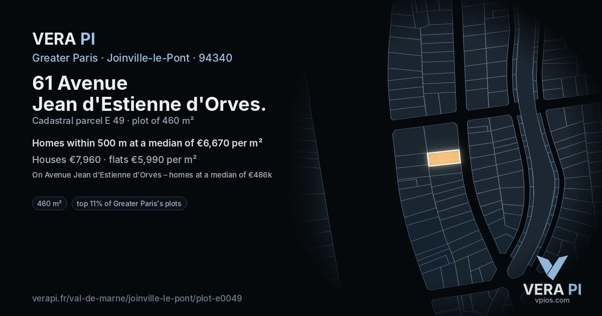 61 Avenue Jean d'Estienne d'Orves, Joinville-le-Pont at night – the plot lit, the parcels around coloured by the prices near them