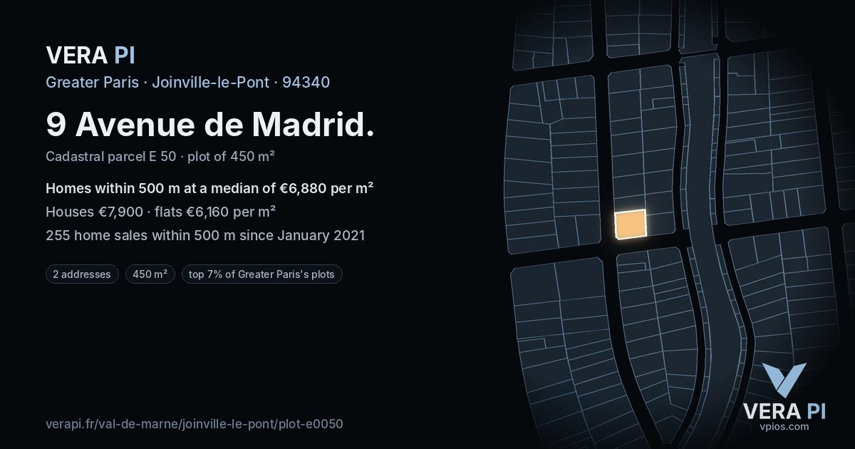 9 Avenue de Madrid, Joinville-le-Pont at night – the plot lit, the parcels around coloured by the prices near them