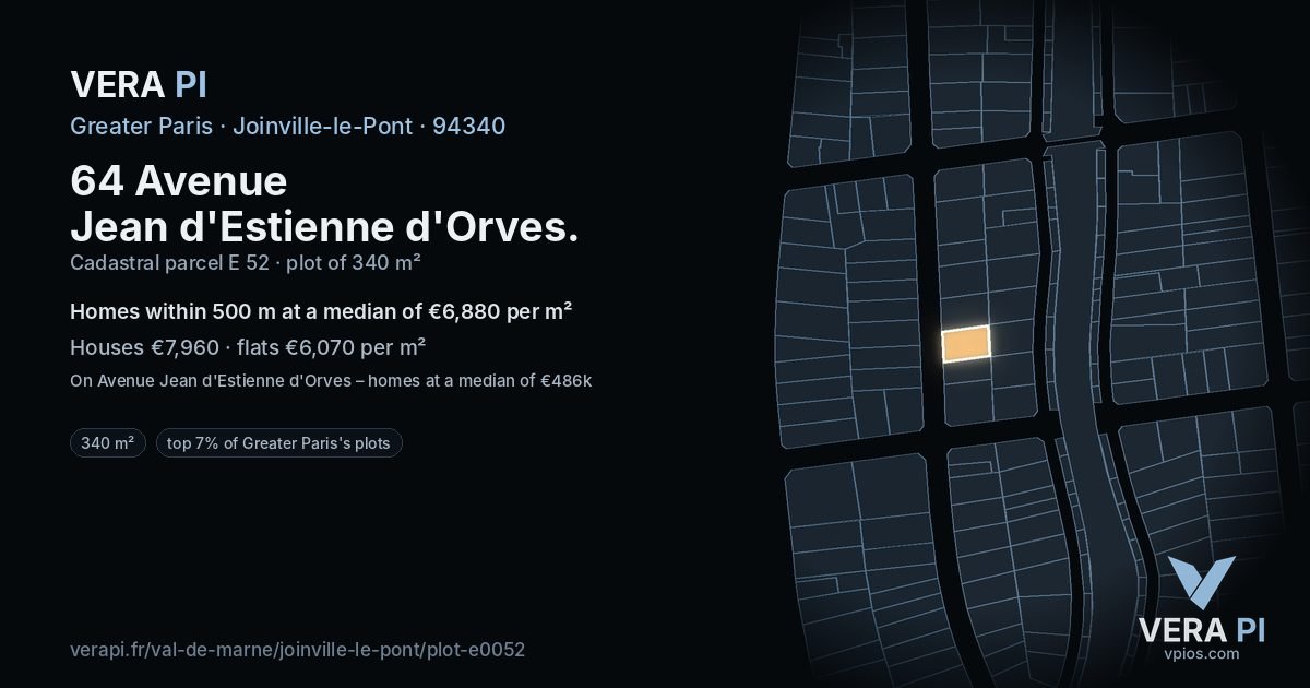 64 Avenue Jean d'Estienne d'Orves, Joinville-le-Pont at night – the plot lit, the parcels around coloured by the prices near them