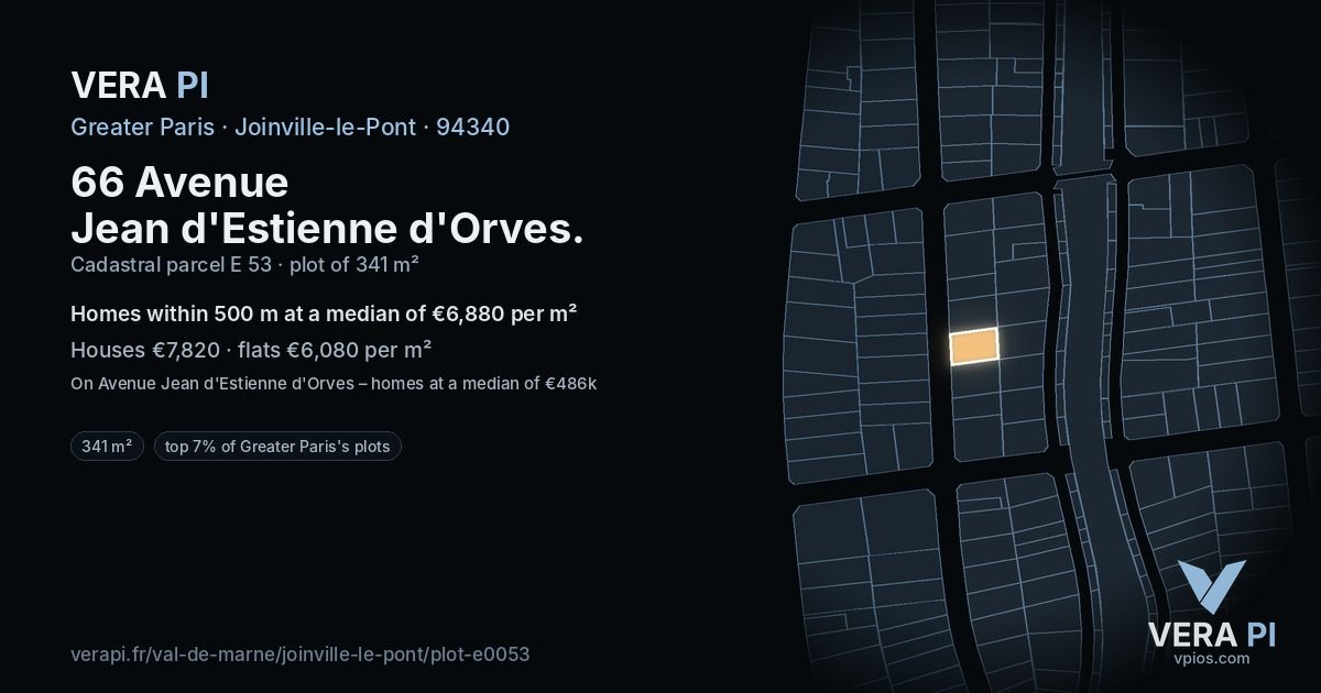 66 Avenue Jean d'Estienne d'Orves, Joinville-le-Pont at night – the plot lit, the parcels around coloured by the prices near them